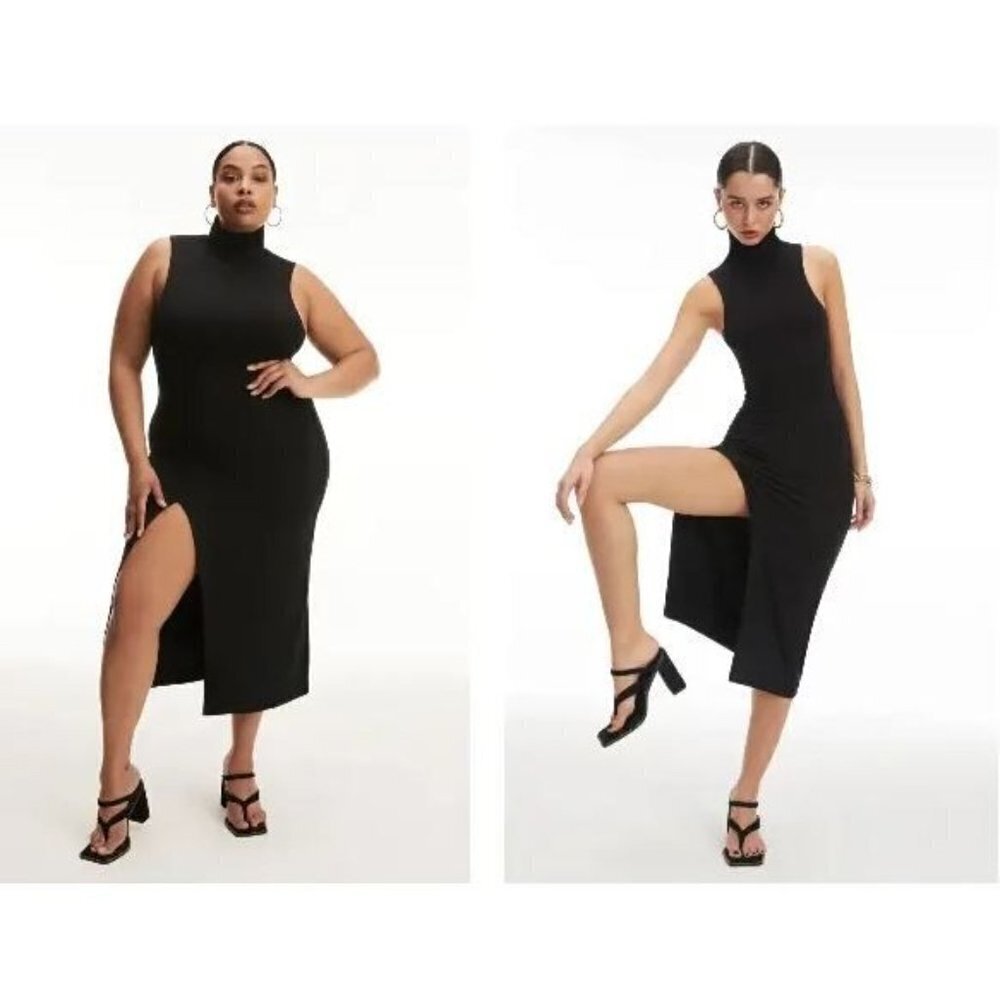 Good American Mock Neck Midi Dress Slit Classic Sleeveless Women 4 NWT Black